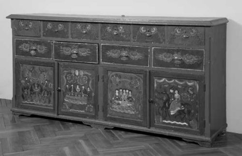 шкаф-комод с сюжетами городецкой росписи, выполненной Т. А. Мавриной середина XX века