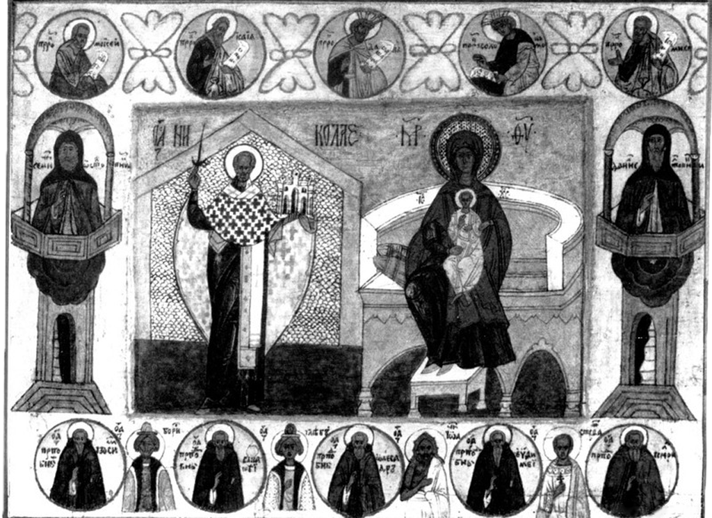 Никола Можайский и Богоматерь Печерская, со святыми на полях, XVI век
